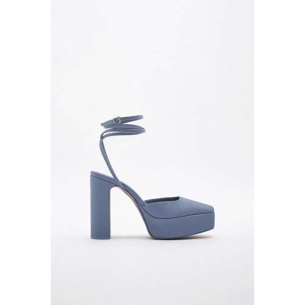 ZARA Chunky Heeled Platform Shoes Size 40 Blue Satin EUC $129 MSRP Square Toe - Picture 1 of 13